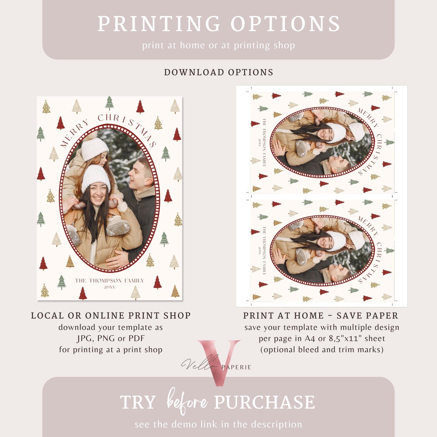 Printable Boho Photo Christmas Card Template | Modern Bohemian Winter Photo Holiday Card | Oval Photo Frame Christmas Tree Greeting PCC12