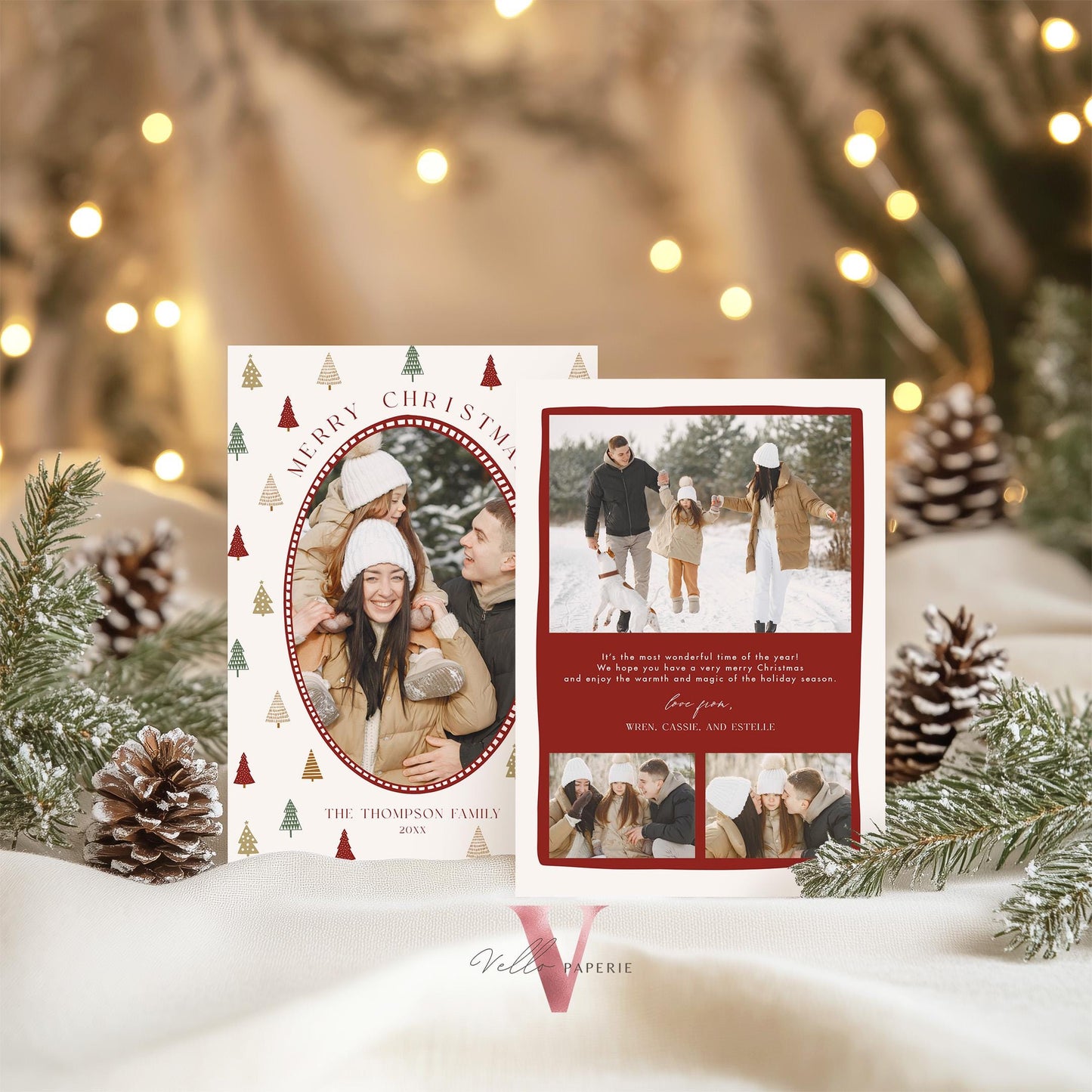 Printable Boho Photo Christmas Card Template | Modern Bohemian Winter Photo Holiday Card | Oval Photo Frame Christmas Tree Greeting PCC12