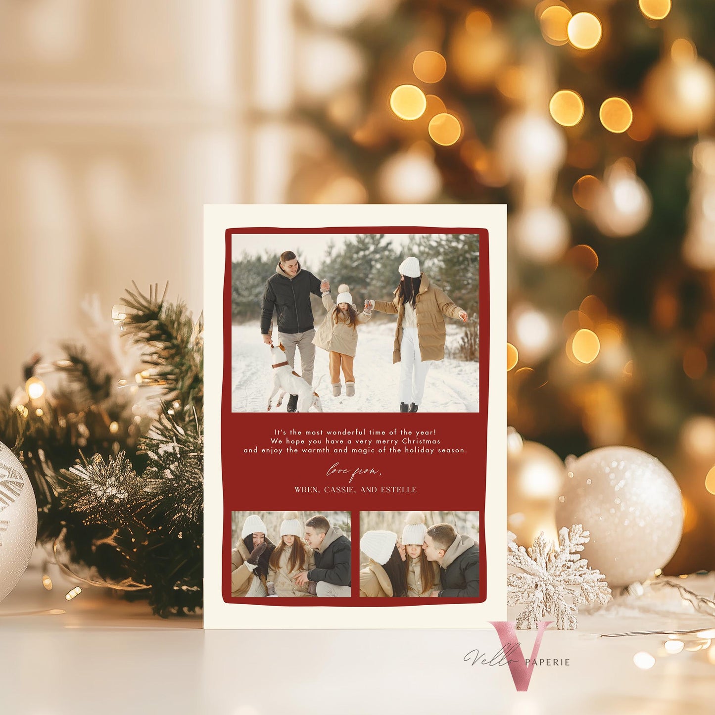 Printable Boho Photo Christmas Card Template | Modern Bohemian Winter Photo Holiday Card | Oval Photo Frame Christmas Tree Greeting PCC12