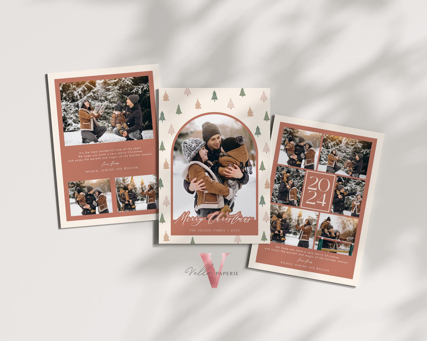 Printable Boho Photo Christmas 3 Card Template | Modern Bohemian Winter Photo Holiday Card | Arch Photo Frame Christmas Tree Greeting PCC12