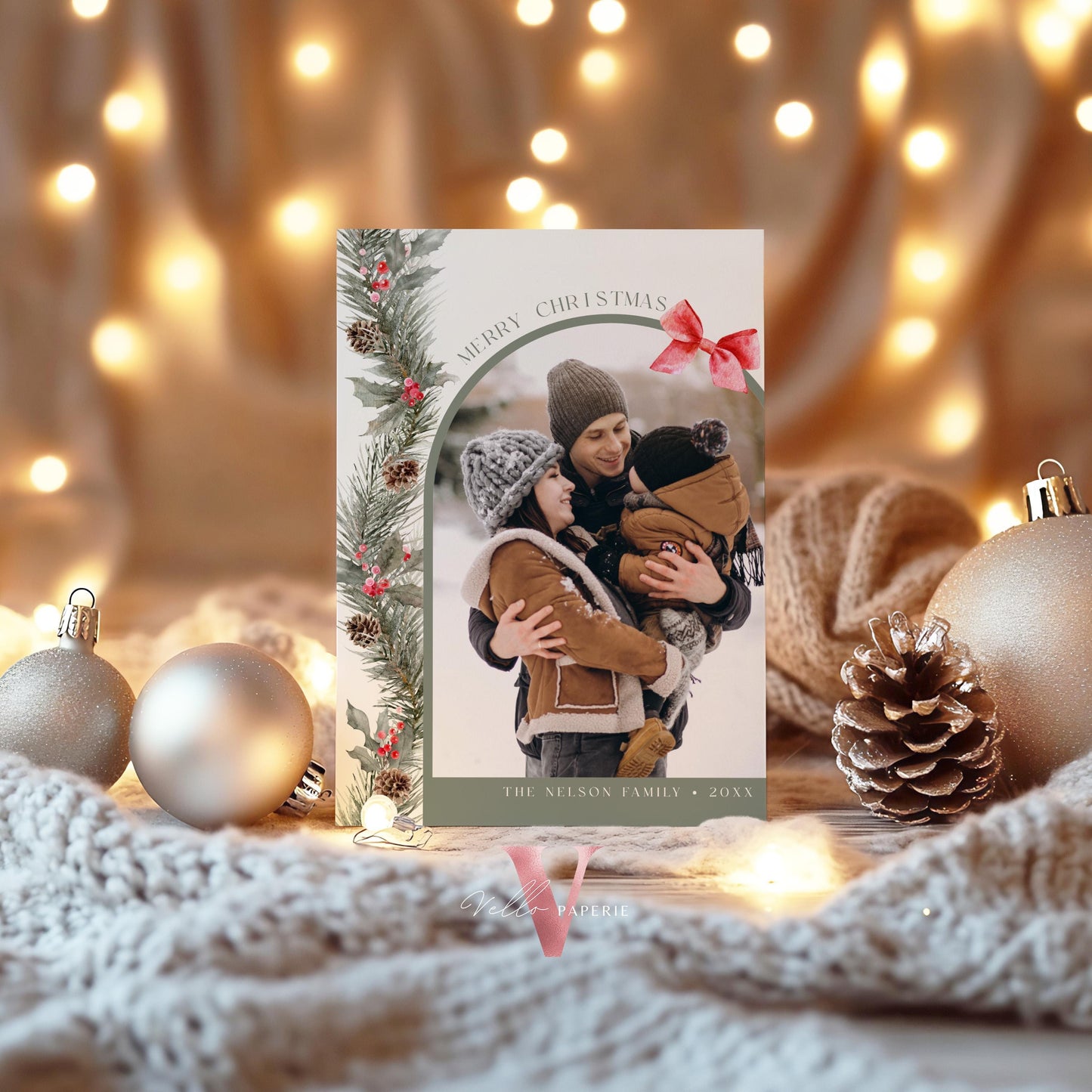 Printable 3 Designs Modern Photo Christmas Card Template | Winter Floral Photo Holiday Card | Botanical Arch Winter Christmas Photo PCC12
