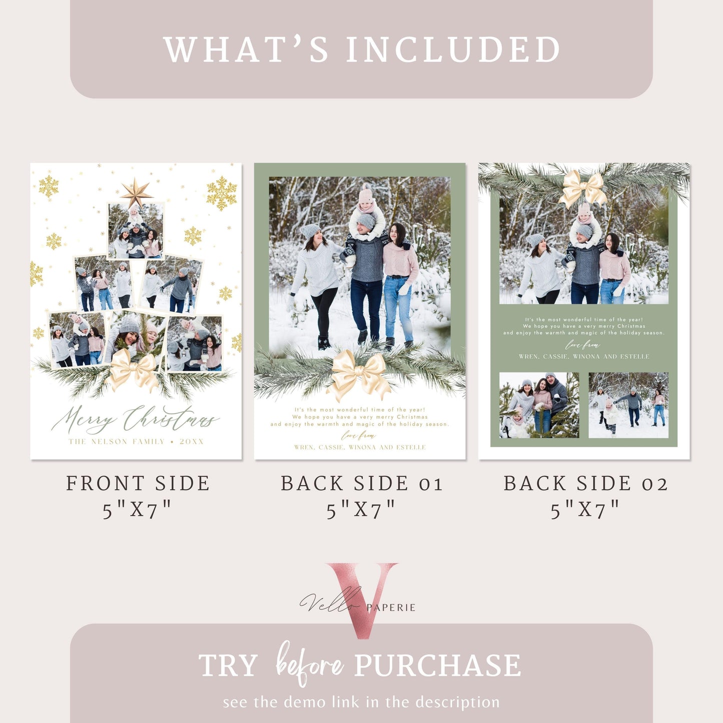 Printable 3 Designs Modern Christmas Tree Photo Collage | Botanical Photo Christmas Card Template | Winter Floral Photo Holiday Card  PCC12