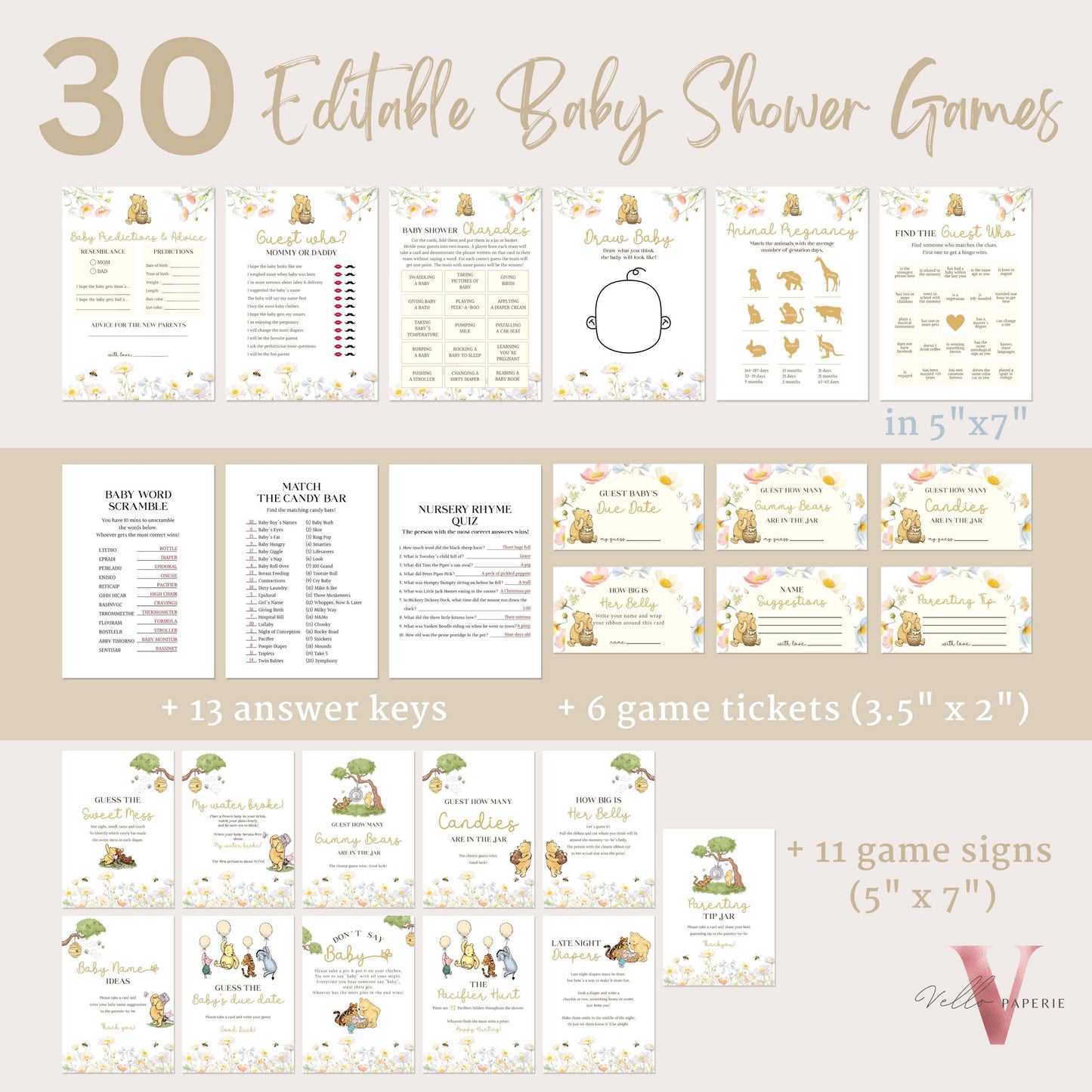 Editable 60Pages Winnie the Pooh Baby Shower Games & Activities Bundle, Ticket Sign | Printable Beige Floral Pooh Baby Shower Set WTP04