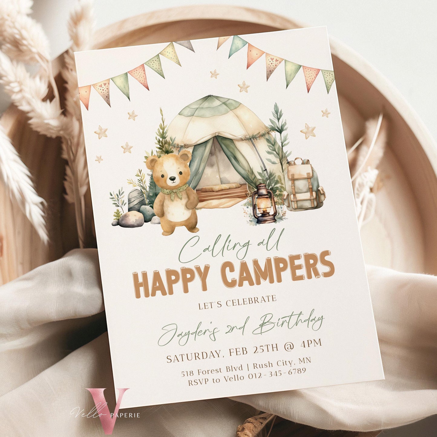 Calling All Happy Campers Invitation | Camping Birthday Invite | Adventure Forest Camp Birthday Invitation | Camper Backyard Bonfire Party