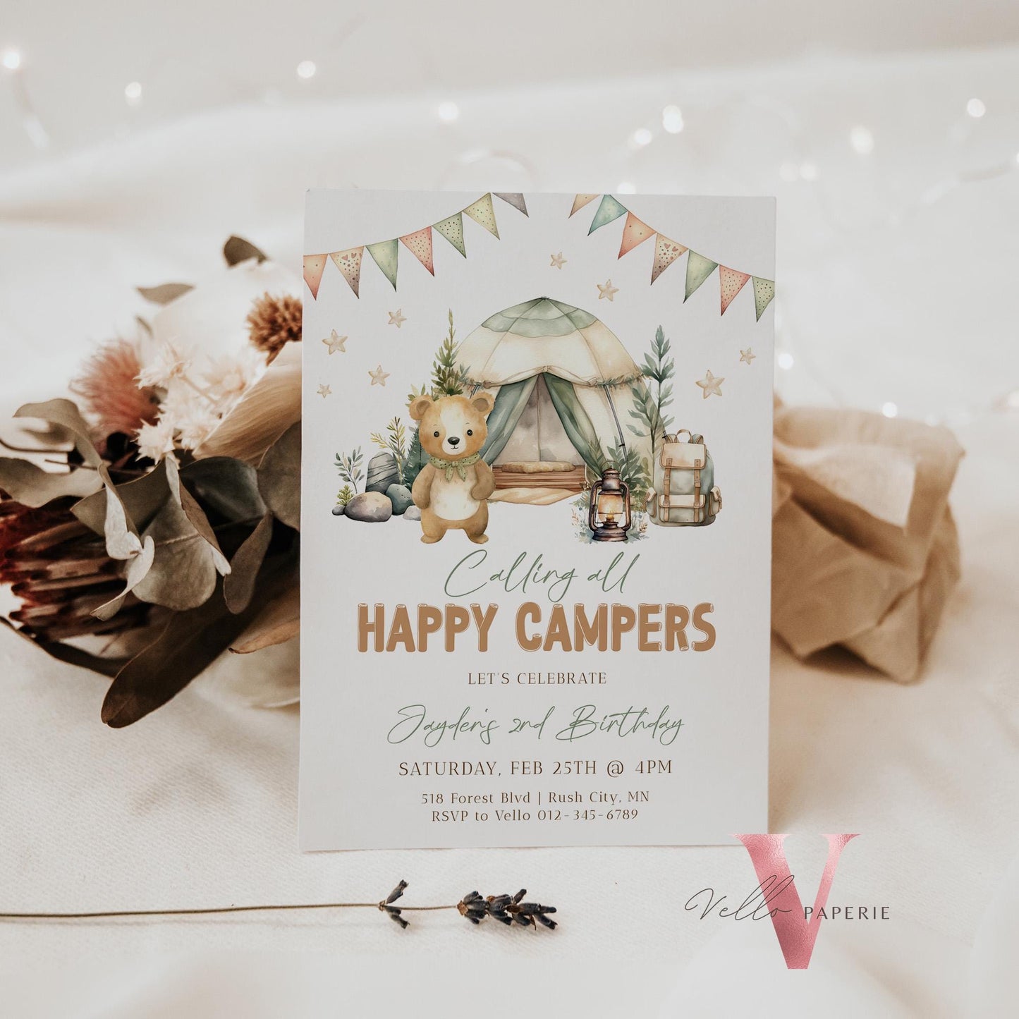 Calling All Happy Campers Invitation | Camping Birthday Invite | Adventure Forest Camp Birthday Invitation | Camper Backyard Bonfire Party