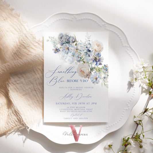 Something Blue before I DO Bridal Shower Party Invitation | Dusty Blue Floral Invite | Vintage Floral Blue Botanical Bride to Be SBB02