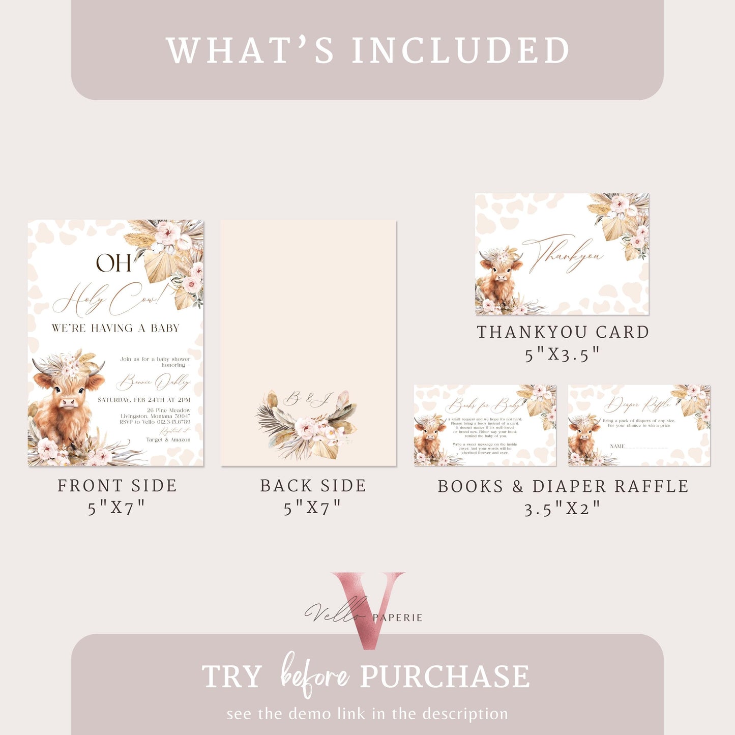 Holy Cow Baby Shower Invitation Bundle | Gender Neutral Highland Cow Baby Shower Invite | Boho Highland Cow Baby, Beige Brown Pampas Grass