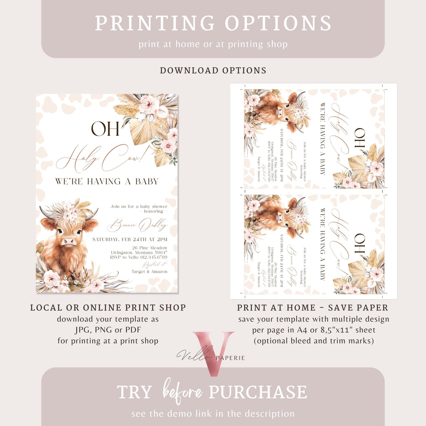 Holy Cow Baby Shower Invitation Bundle | Gender Neutral Highland Cow Baby Shower Invite | Boho Highland Cow Baby, Beige Brown Pampas Grass