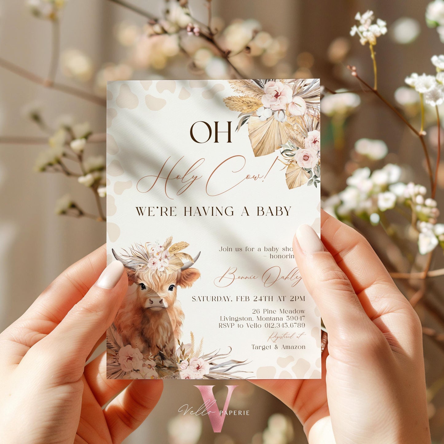 Holy Cow Baby Shower Invitation Bundle | Gender Neutral Highland Cow Baby Shower Invite | Boho Highland Cow Baby, Beige Brown Pampas Grass