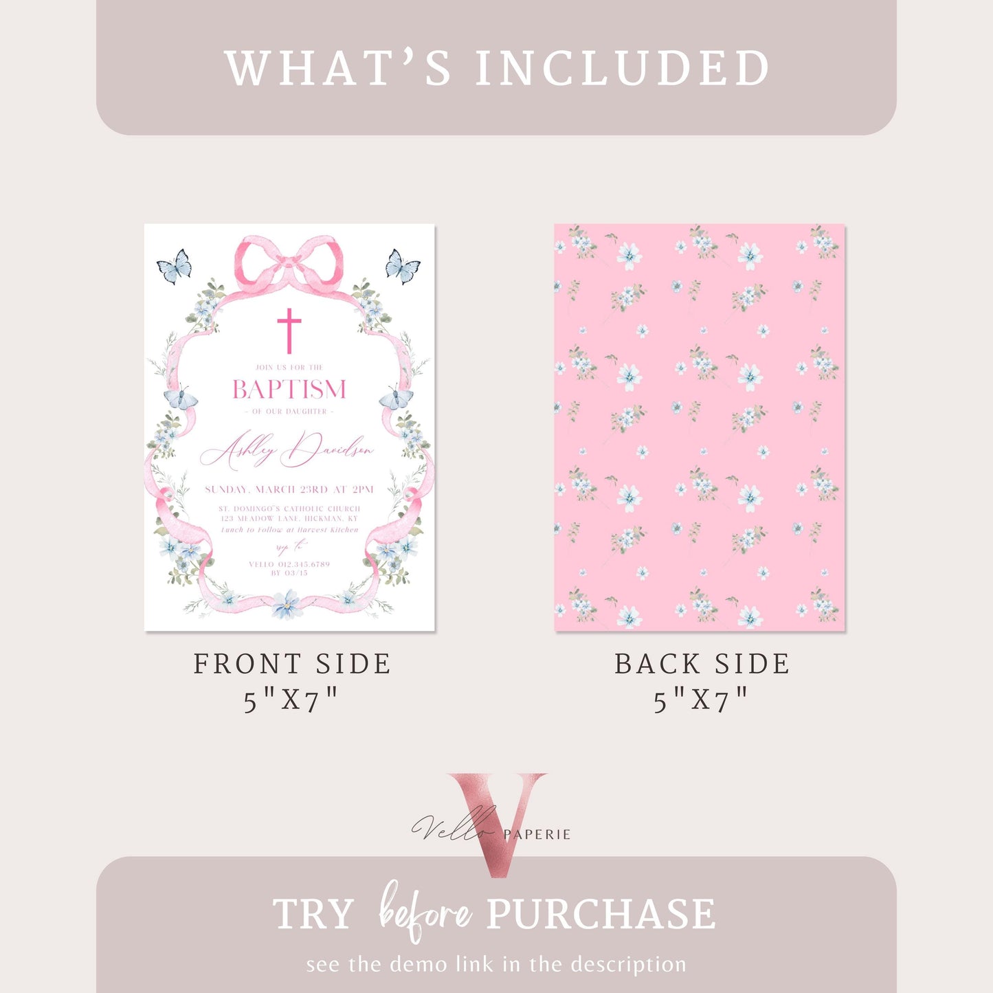 Editable Modern Wildflower Baptism Invitation | Pink Girls Baptism Invite | Pink Bow Floral Christening Digital Invite | 1st Communion