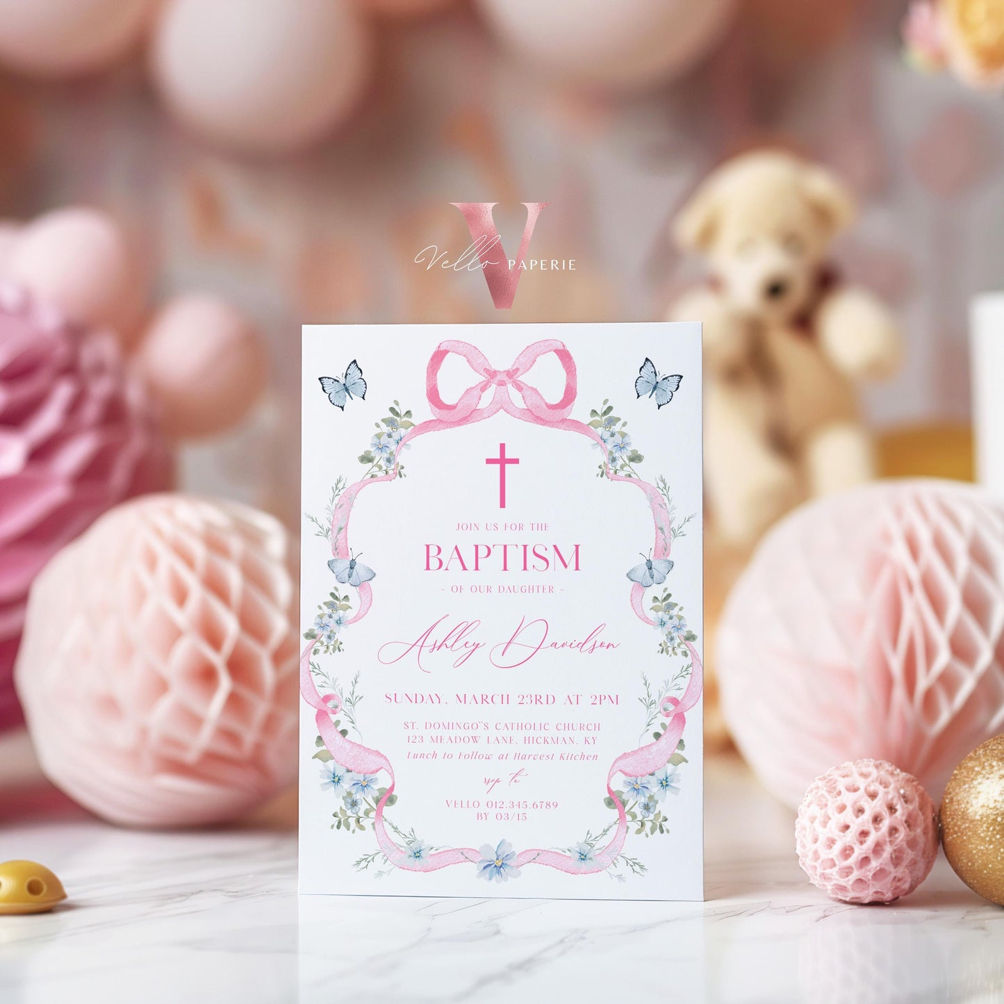 Editable Modern Wildflower Baptism Invitation | Pink Girls Baptism Invite | Pink Bow Floral Christening Digital Invite | 1st Communion
