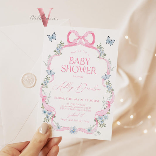 Editable Pink Bow Wildflower Baby Shower Invitation | Modern Elegant Pink Coquette Baby Shower Invite | Pink Blue Girl Baby Floral Party