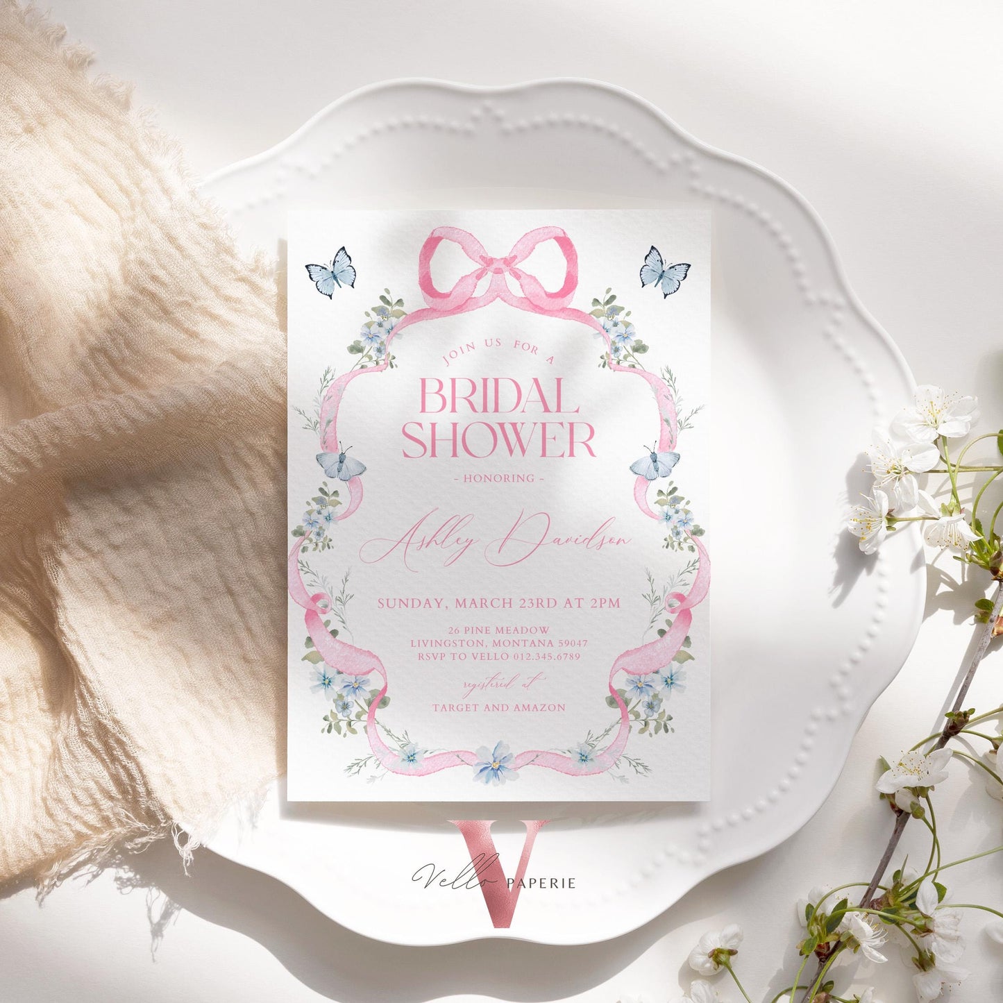 Editable Pink Bow Wildflower Bridal Shower Invitation | Modern Elegant Pink Coquette Bridal Shower Invite | Pink Blue Floral Couple Shower