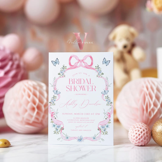 Editable Pink Bow Wildflower Bridal Shower Invitation | Modern Elegant Pink Coquette Bridal Shower Invite | Pink Blue Floral Couple Shower