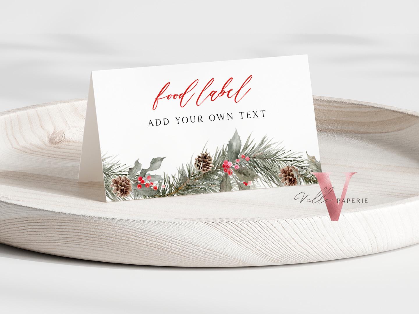 Editable Modern Christmas Floral Place Card, Food Label | Holiday Party Name, Seating Card | Watercolor Christmas Tent Card RCPF1