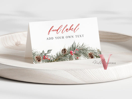 Editable Modern Christmas Floral Place Card, Food Label | Holiday Party Name, Seating Card | Watercolor Christmas Tent Card RCPF1