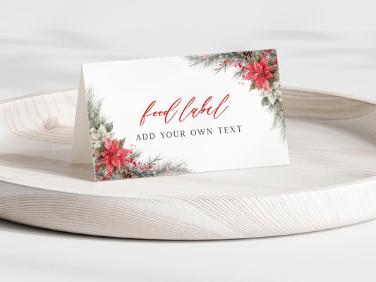 Editable Modern Christmas Floral Place Card, Food Label | Holiday Party Name, Seating Card | Watercolor Christmas Tent Card RCPF1