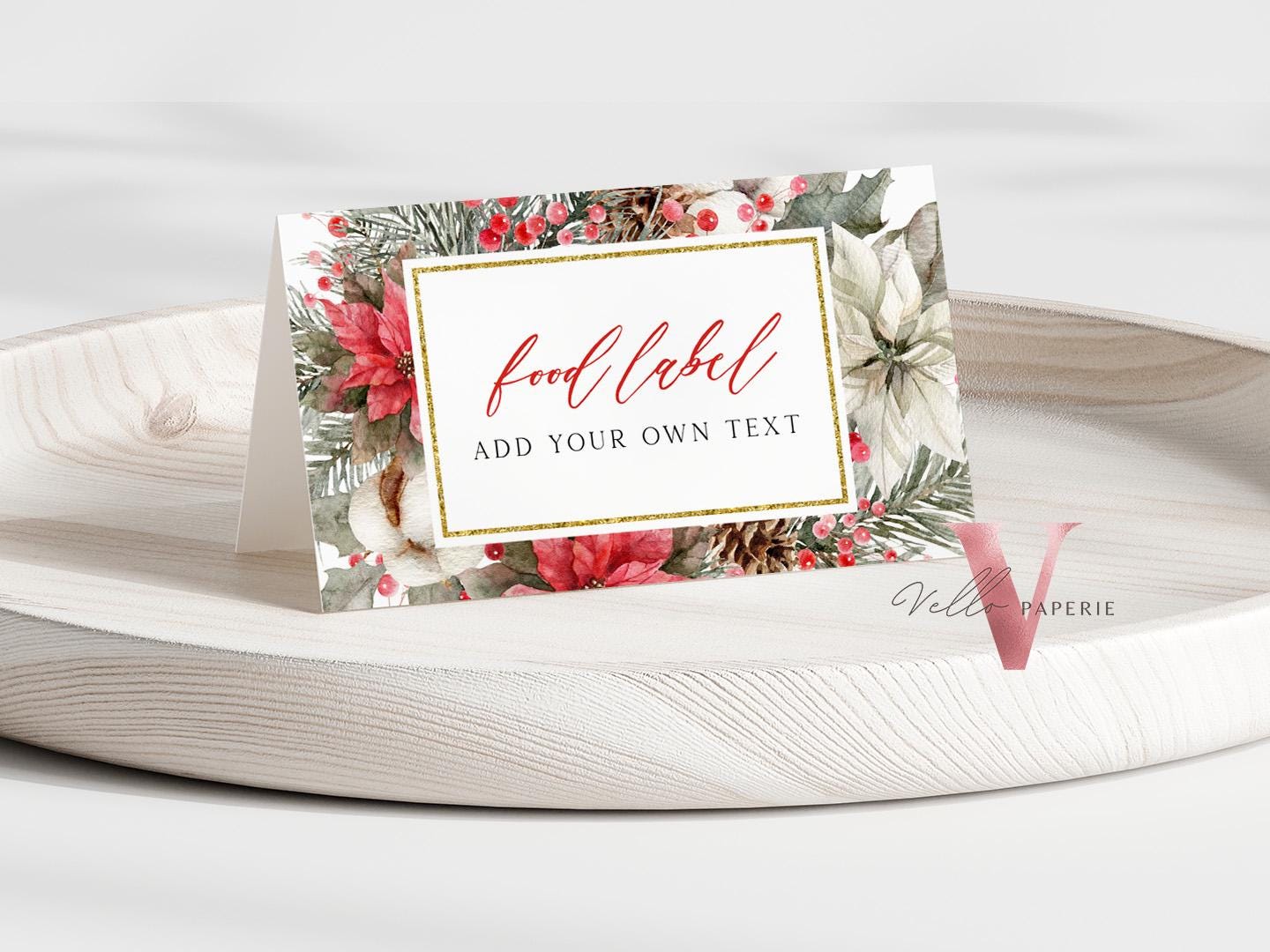 Editable 8 designs Modern Christmas Floral Place Card, Food Label | Holiday Party Name, Seating Card | Watercolor Christmas Tent Card RCPF1