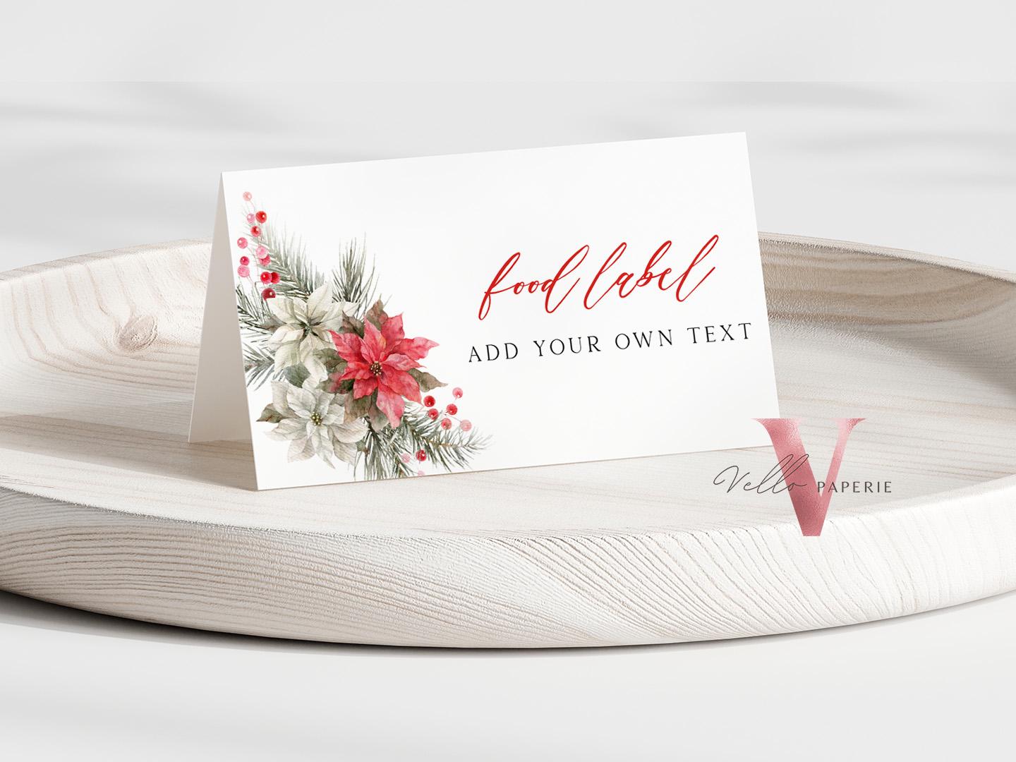 Editable 8 designs Modern Christmas Floral Place Card, Food Label | Holiday Party Name, Seating Card | Watercolor Christmas Tent Card RCPF1