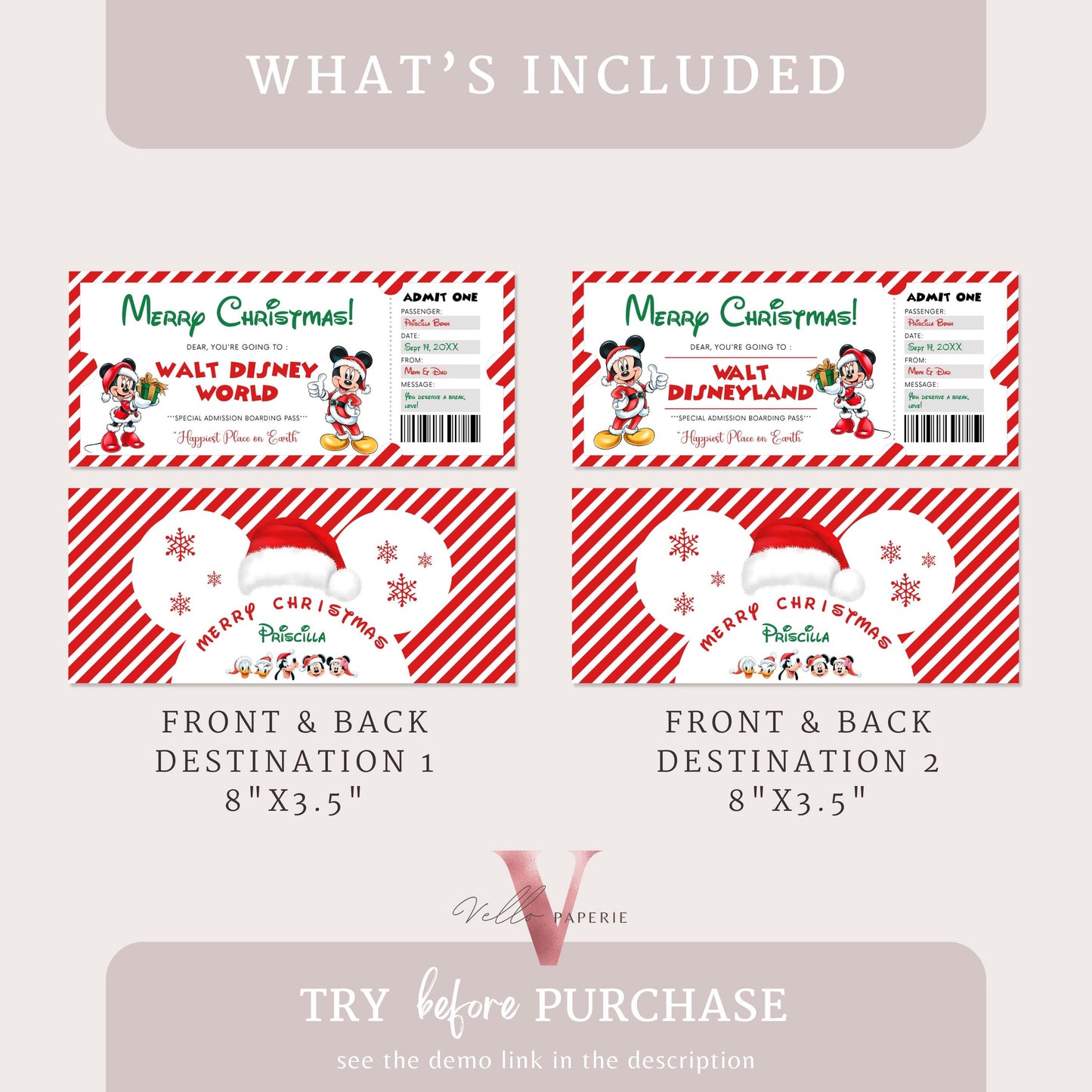 Editable Printable Christmas Disneyworld / Disneyland Ticket | Theme Park Surprise Reveal Ticket | Disney Trip Ticket, Christmas Gift DST12