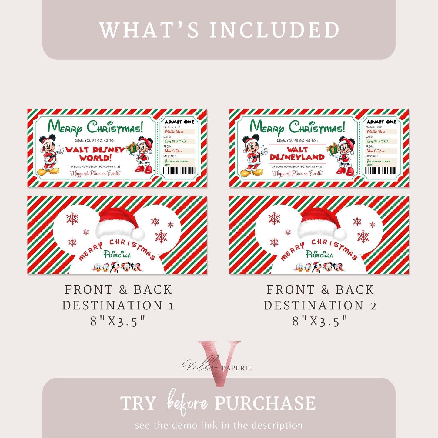 Editable Printable Christmas Disneyworld / Disneyland Ticket | Theme Park Surprise Reveal Ticket | Disney Trip Ticket, Christmas Gift DST12