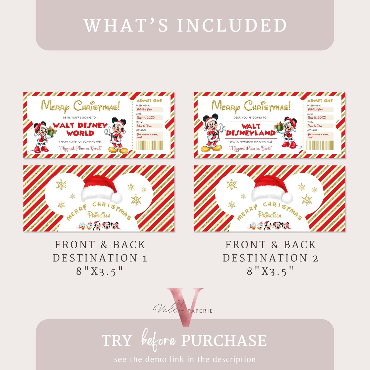 Editable Printable Christmas Disneyworld / Disneyland Ticket | Theme Park Surprise Reveal Ticket | Disney Trip Ticket, Christmas Gift DST12
