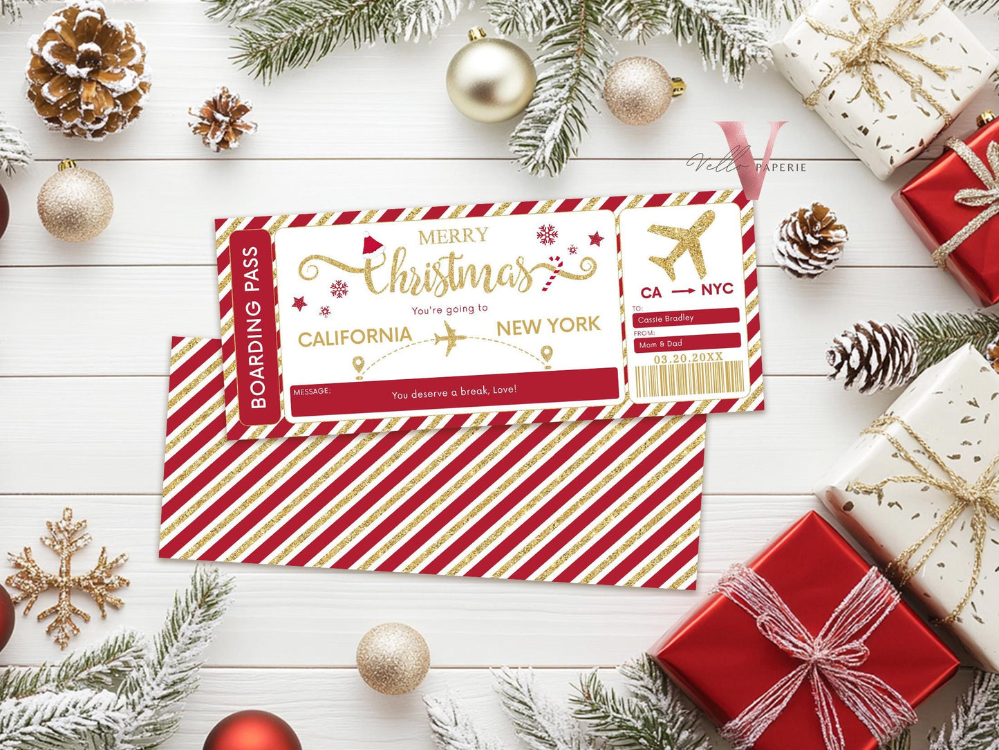 Editable Red Gold Christmas Boarding Pass | Vacation Surprise Trip Reveal Ticket | Christmas Travel Ticket | Christmas Flight Gift CBP12