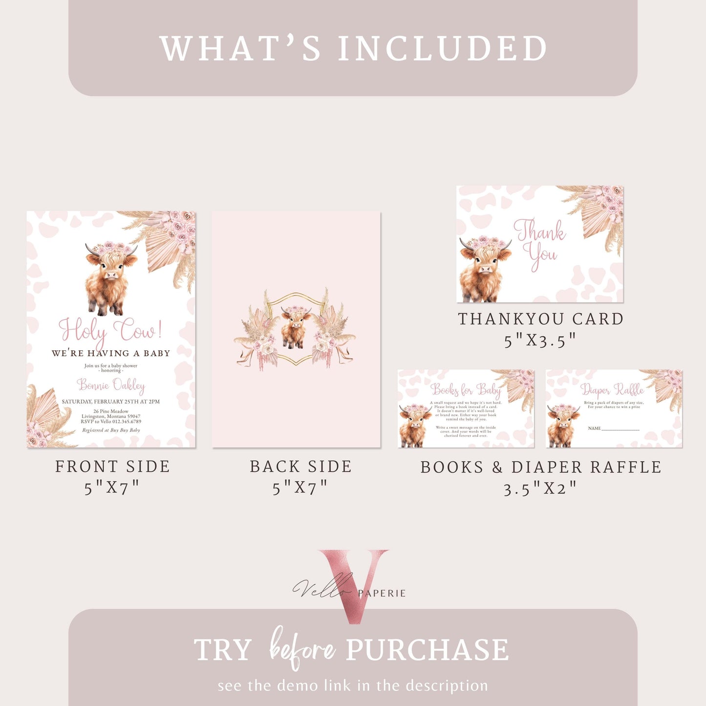 Holy Cow Baby Shower Invitation Bundle | Gender Neutral Highland Cow Baby Shower Invite | Boho Highland Cow Baby, Pink Brown Pampas Grass