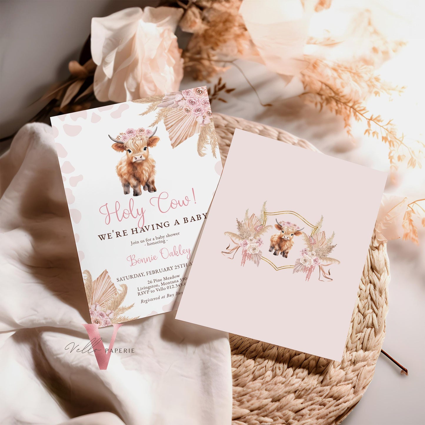 Holy Cow Baby Shower Invitation Bundle | Gender Neutral Highland Cow Baby Shower Invite | Boho Highland Cow Baby, Pink Brown Pampas Grass