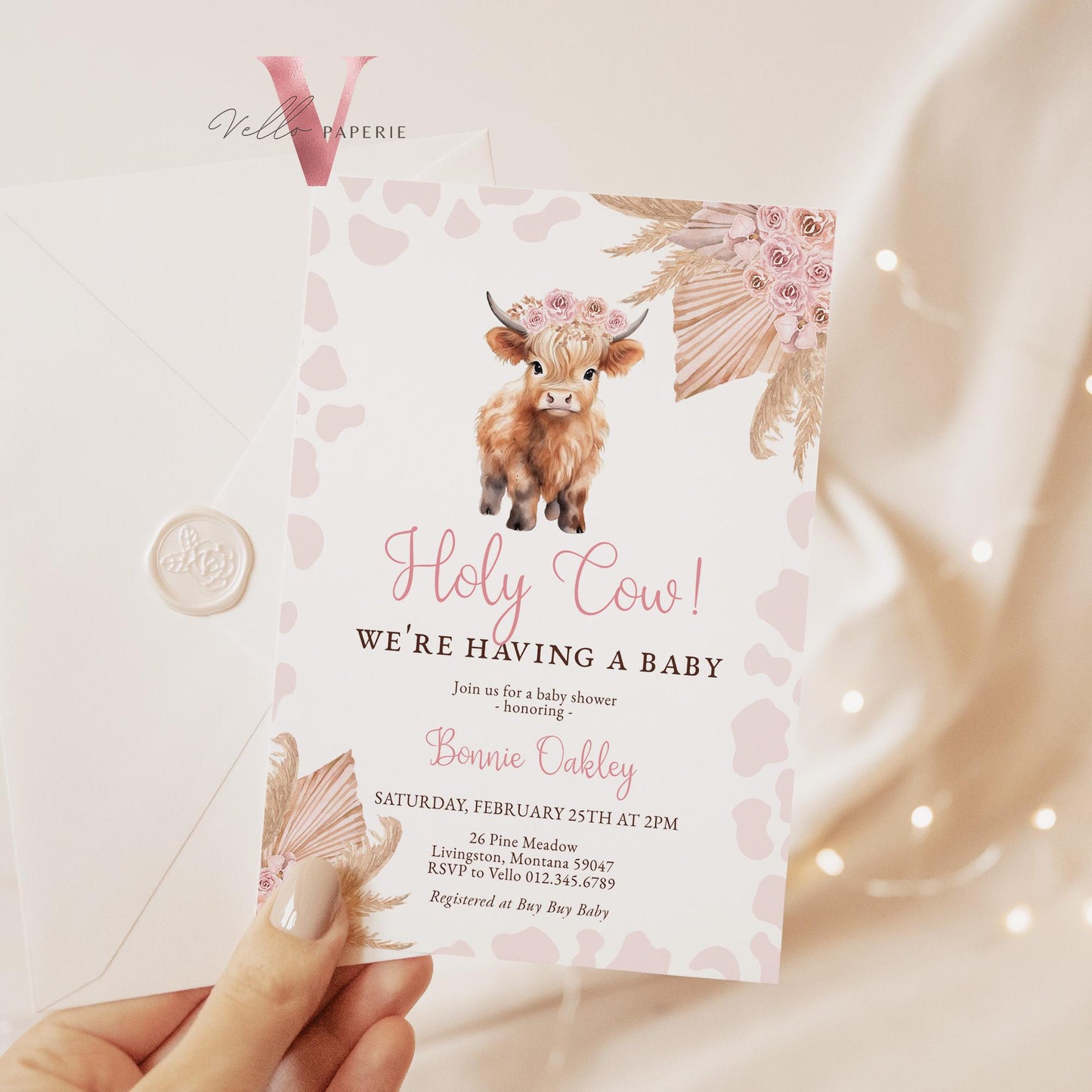 Holy Cow Baby Shower Invitation Bundle | Gender Neutral Highland Cow Baby Shower Invite | Boho Highland Cow Baby, Pink Brown Pampas Grass