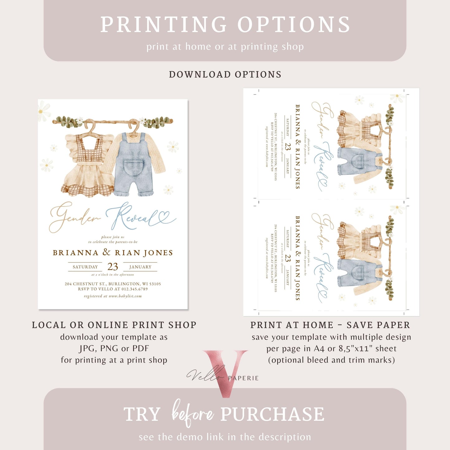 Boho Gender Reveal Baby Shower Invitation | Modern Boy or Girl Cloth Baby Invite | Brown Blue Baby Coming Celebration