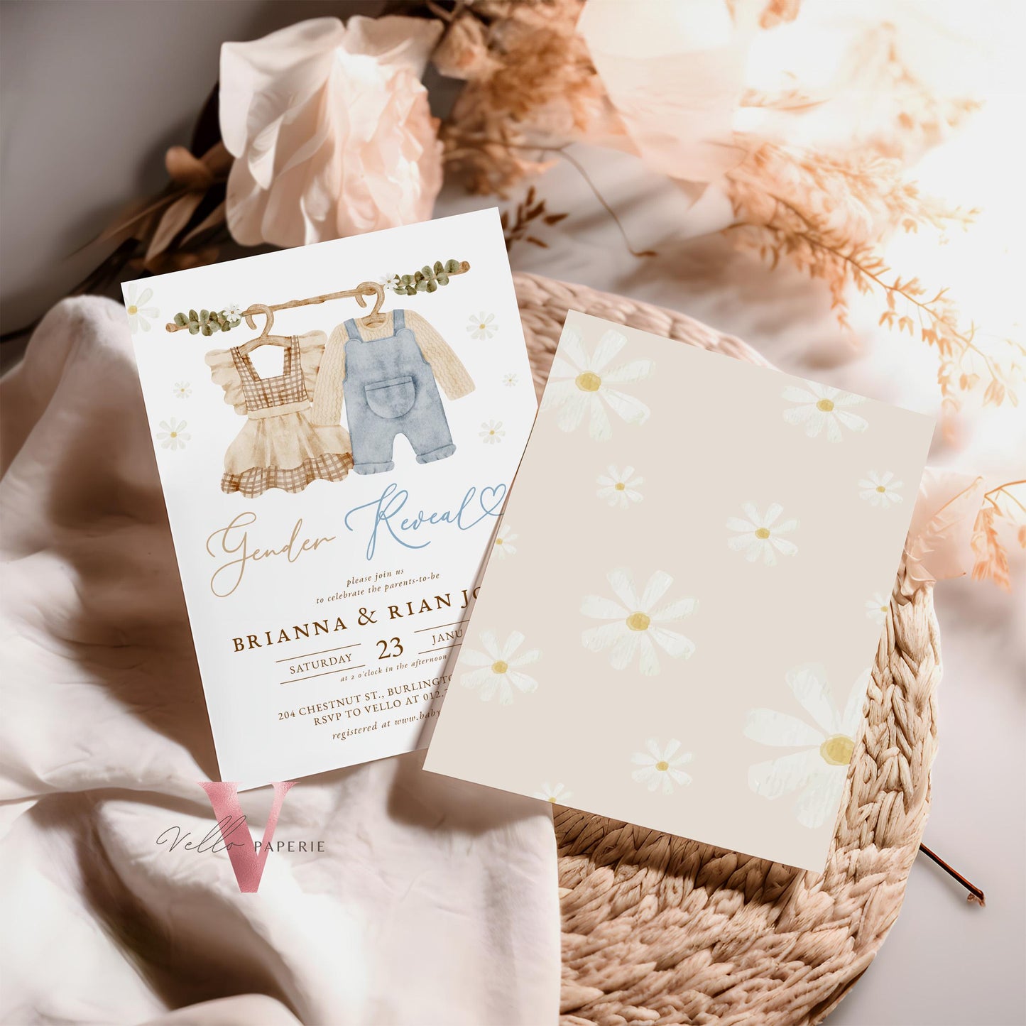 Boho Gender Reveal Baby Shower Invitation | Modern Boy or Girl Cloth Baby Invite | Brown Blue Baby Coming Celebration