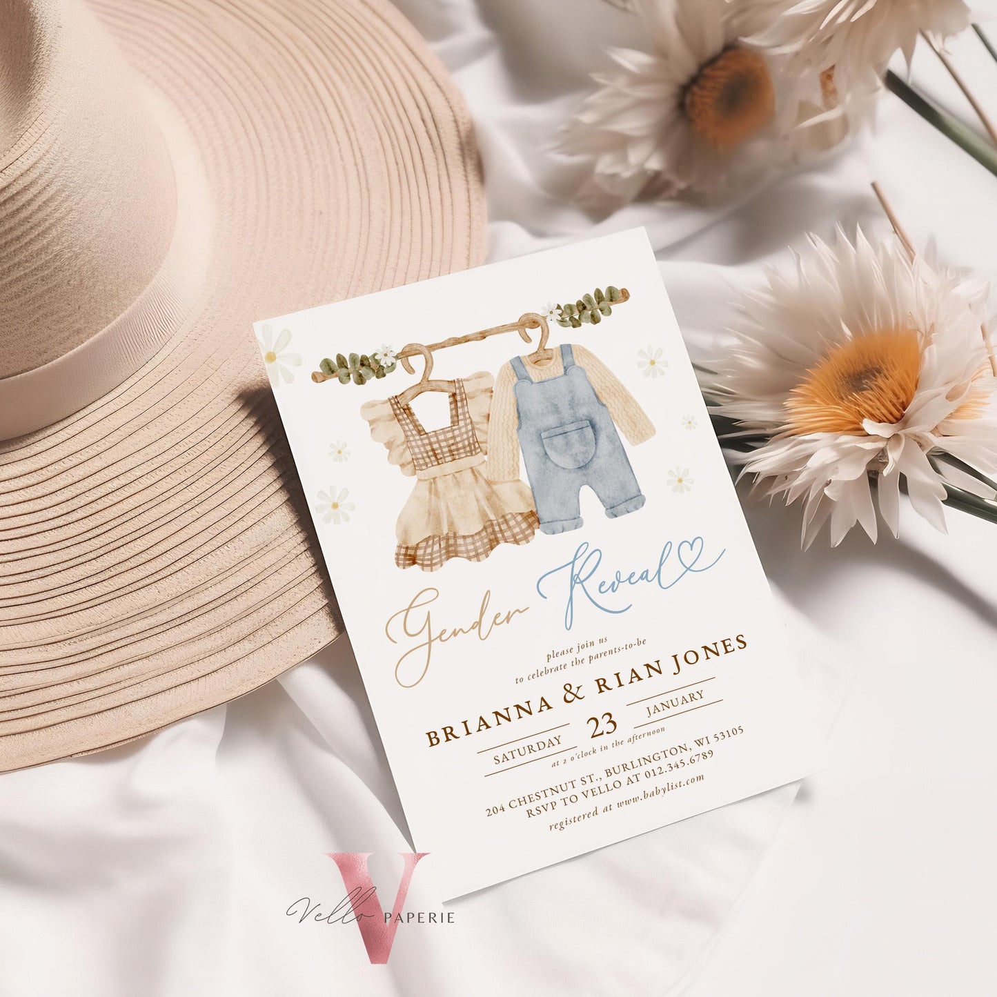 Boho Gender Reveal Baby Shower Invitation | Modern Boy or Girl Cloth Baby Invite | Brown Blue Baby Coming Celebration