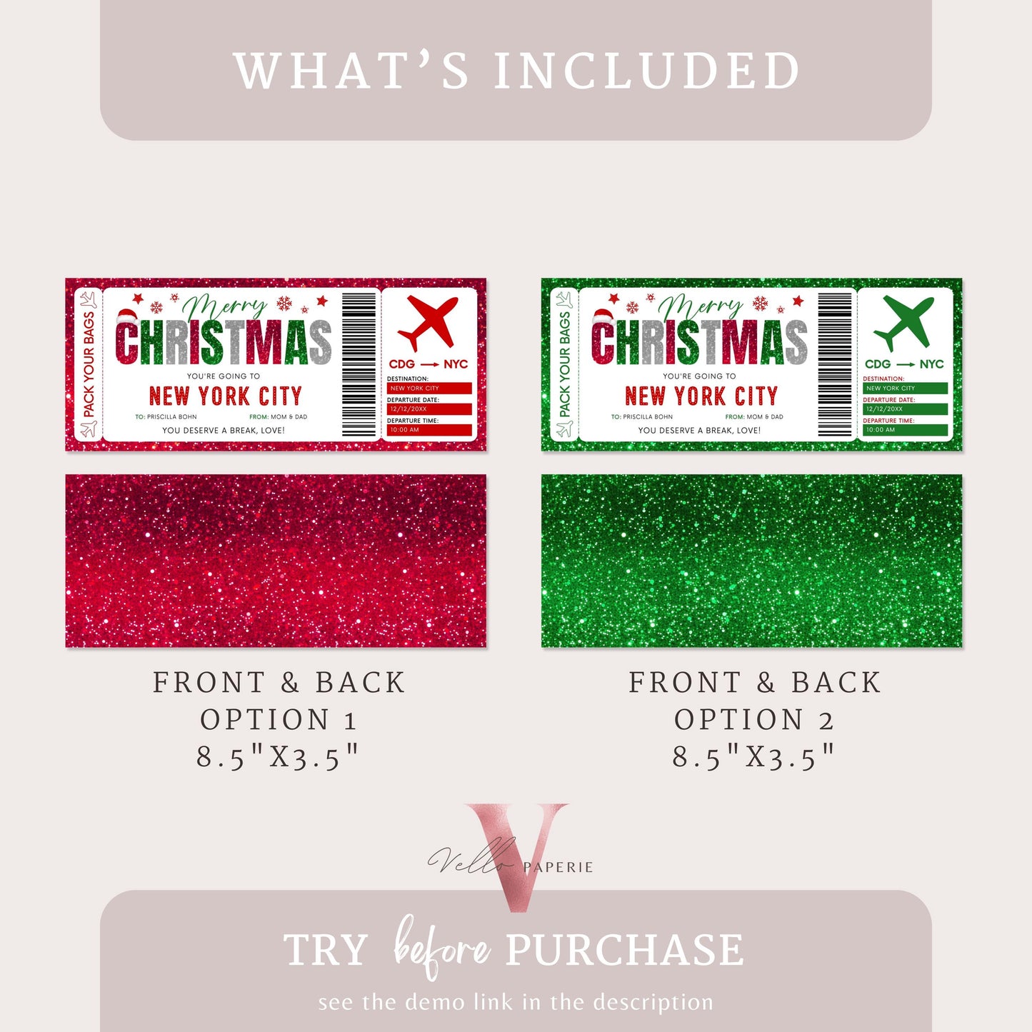 Editable Printable Glitter Christmas Boarding Pass | Vacation Surprise Trip Reveal Ticket | Christmas Travel Ticket Flight Gift CBP12