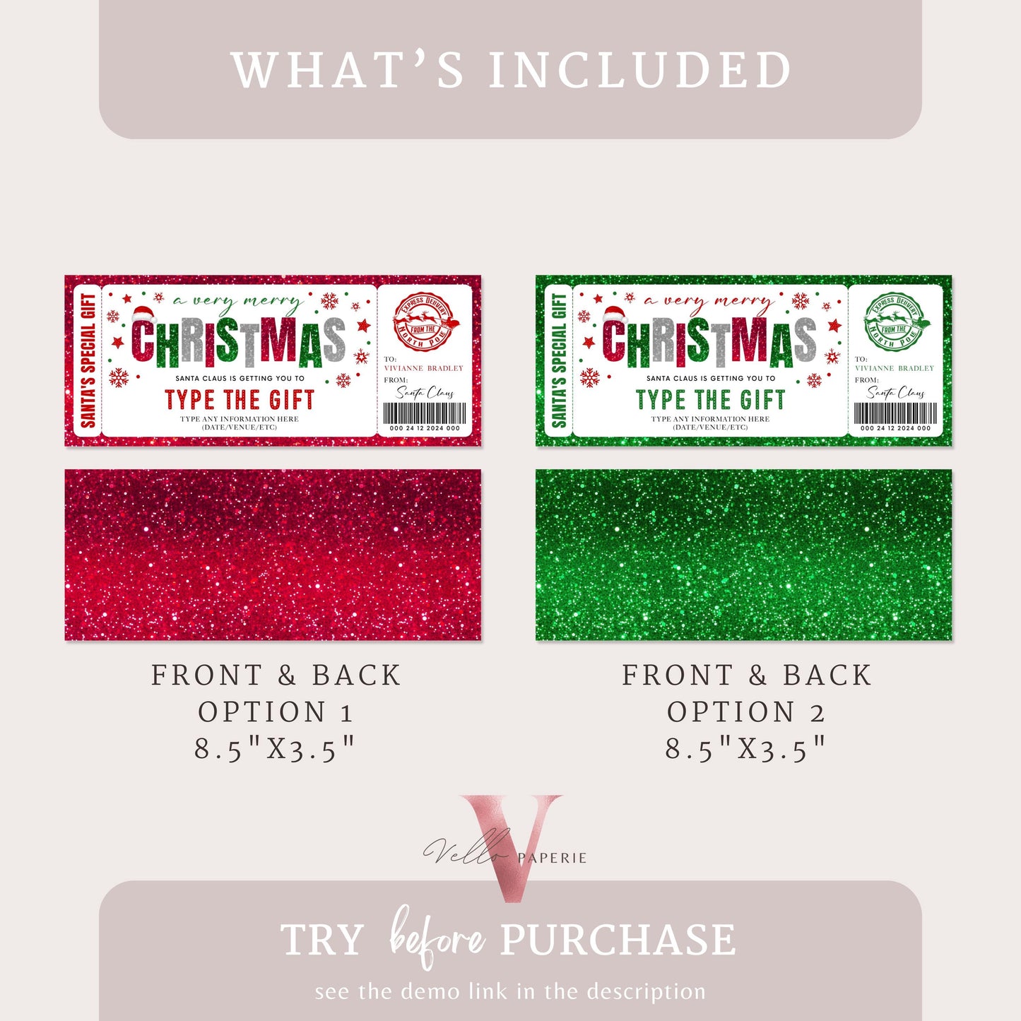 Editable Printable Glitter Santa Claus Gift Ticket | Merry Christmas ANY GIFT, Surprise Reveal Ticket | Red Green North Pole Gift CBP12