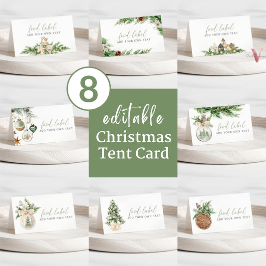 Editable 8 designs Modern Christmas Floral Place Card, Food Label | Holiday Party Name, Seating Card | Boho Green Christmas Tent Card BCPF1