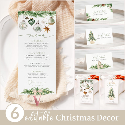 Editable Greenery Christmas Decor Set | Menu, Place Tent Card, Food Label, Tag | Holiday Party Table Decor Set | Boho Green Christmas  BCPF1