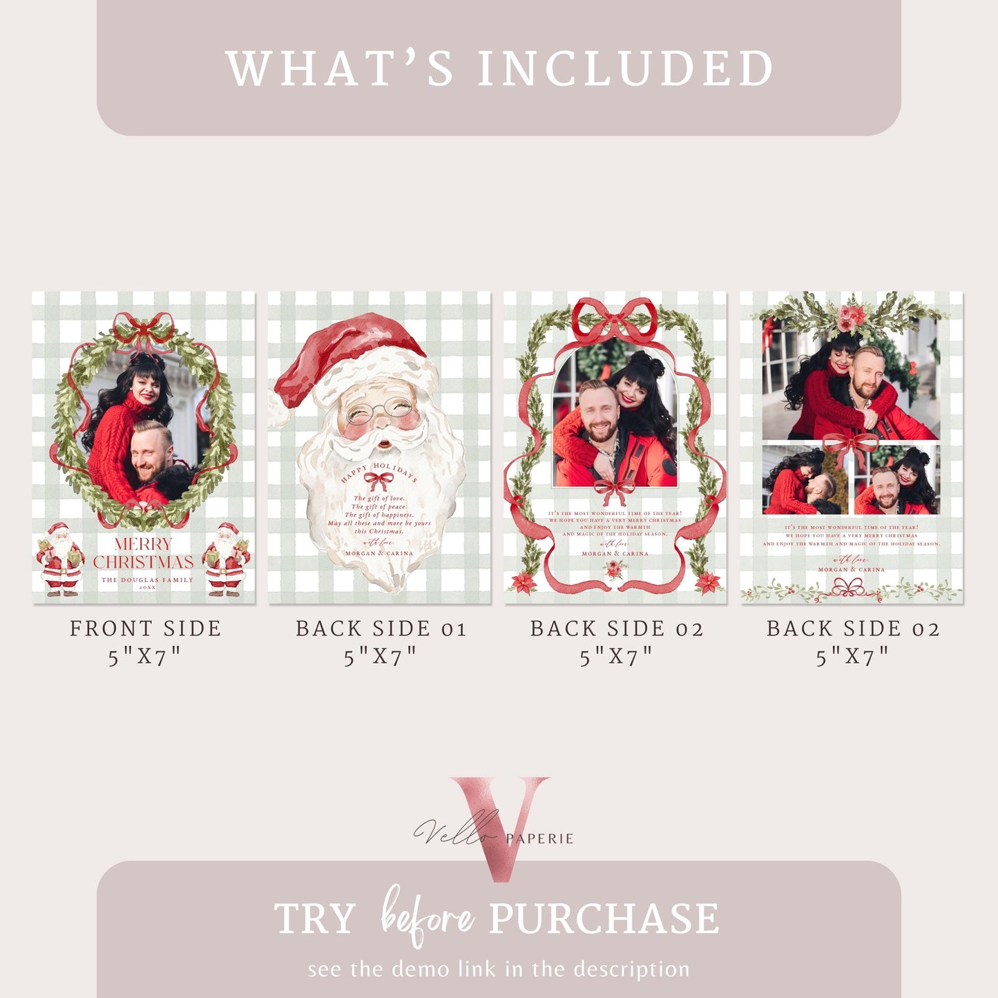 Printable 4 designs Photo Christmas Card Template | Grandmillenial Photo Holiday Card | Cute Classic Christmas Bow Winter Photo GMC12