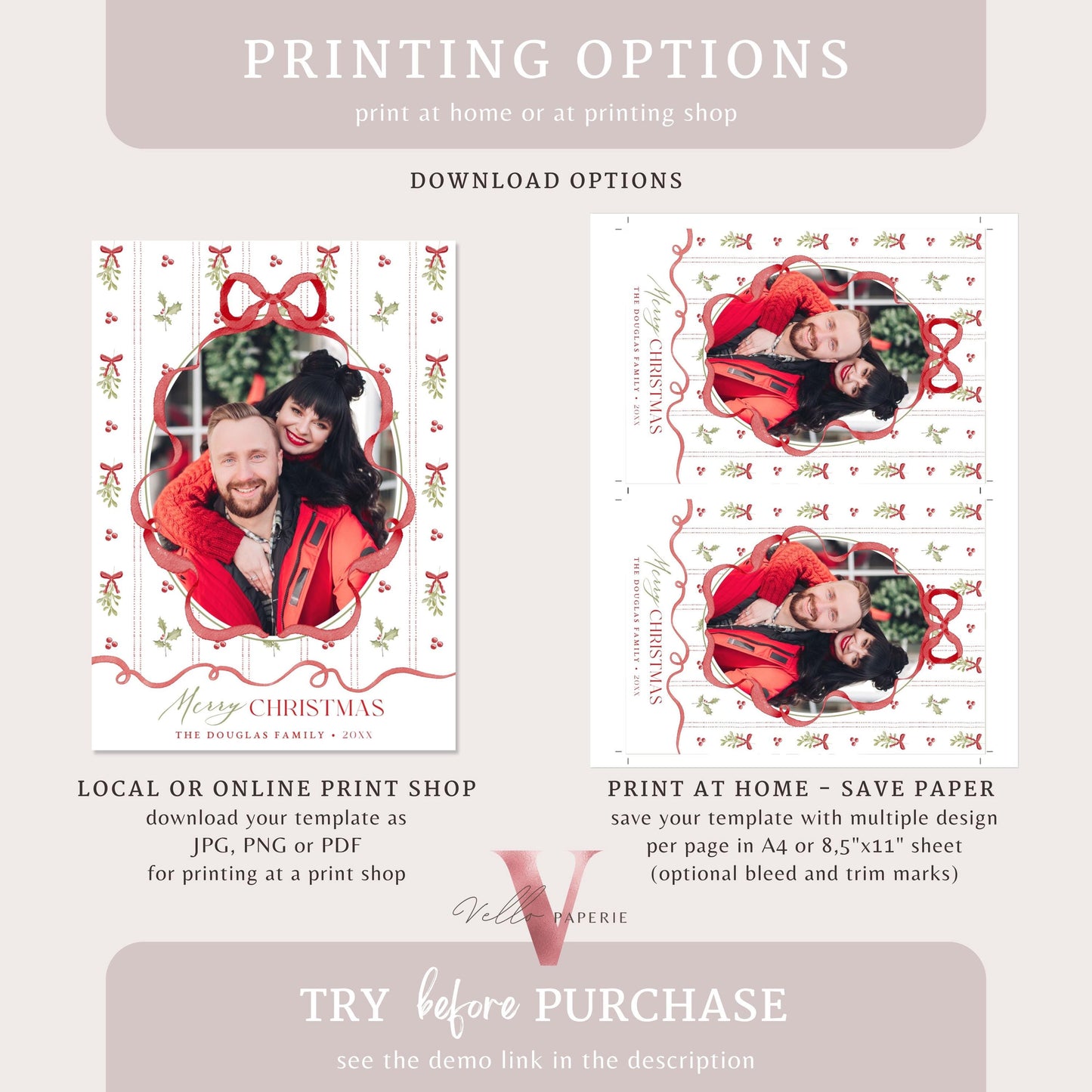 Printable 3 designs Photo Christmas Card Template | Grandmillenial Photo Holiday Card | Cute Classic Christmas Bow Winter Photo GMC12