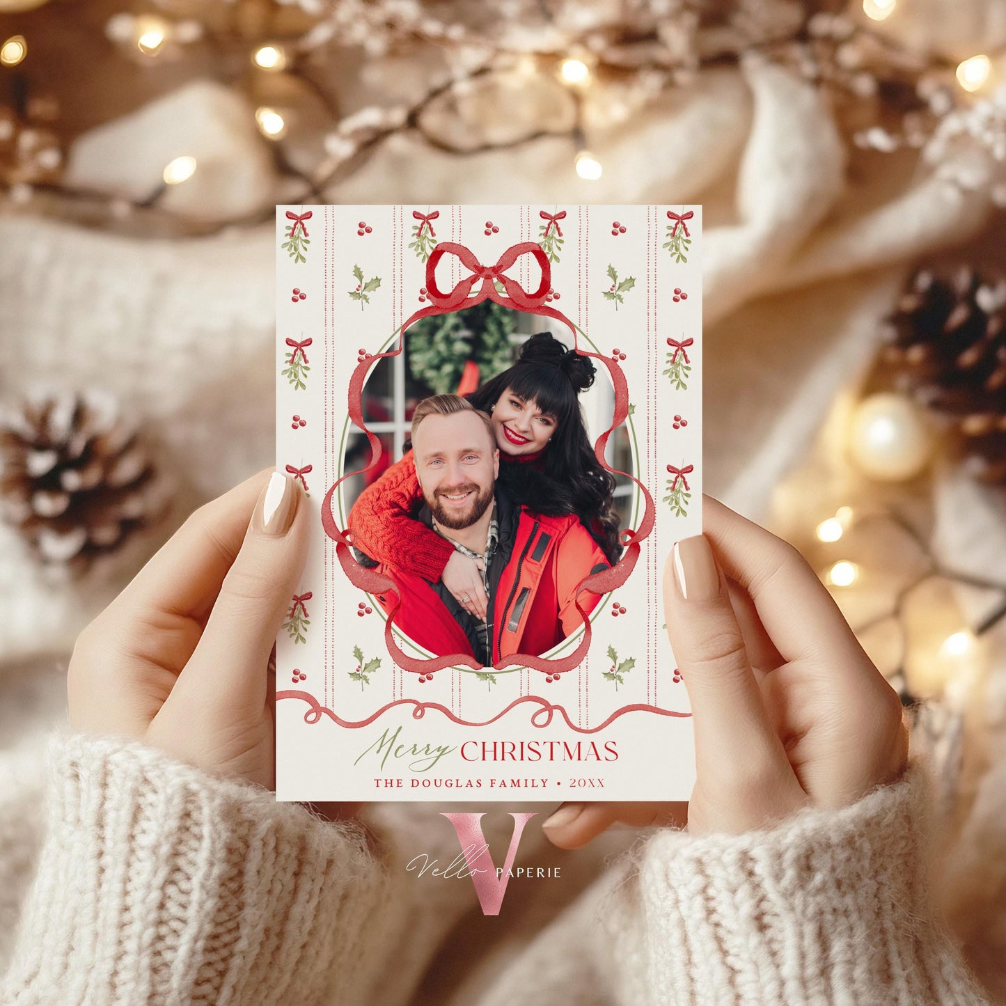 Printable 3 designs Photo Christmas Card Template | Grandmillenial Photo Holiday Card | Cute Classic Christmas Bow Winter Photo GMC12