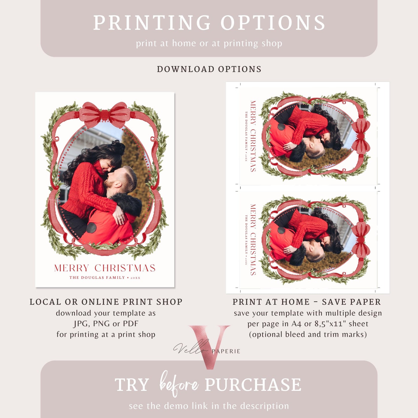 Printable 3 designs Photo Christmas Card Template | Grandmillenial Photo Holiday Card | Cute Classic Christmas Bow Winter Photo GMC12