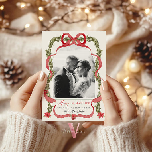 Merry and Married Christmas Photo Card | Newlywed Holiday Card | Red Bow Minimalist Christmas Photo Card | Merry and Bright Couple  MMC12