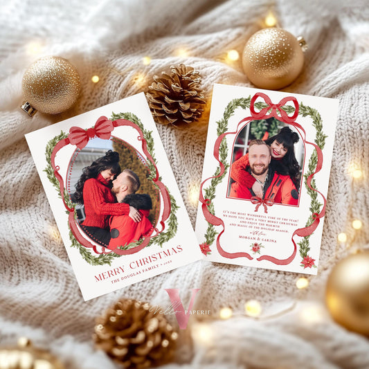 Printable 3 designs Photo Christmas Card Template | Grandmillenial Photo Holiday Card | Cute Classic Christmas Bow Winter Photo GMC12