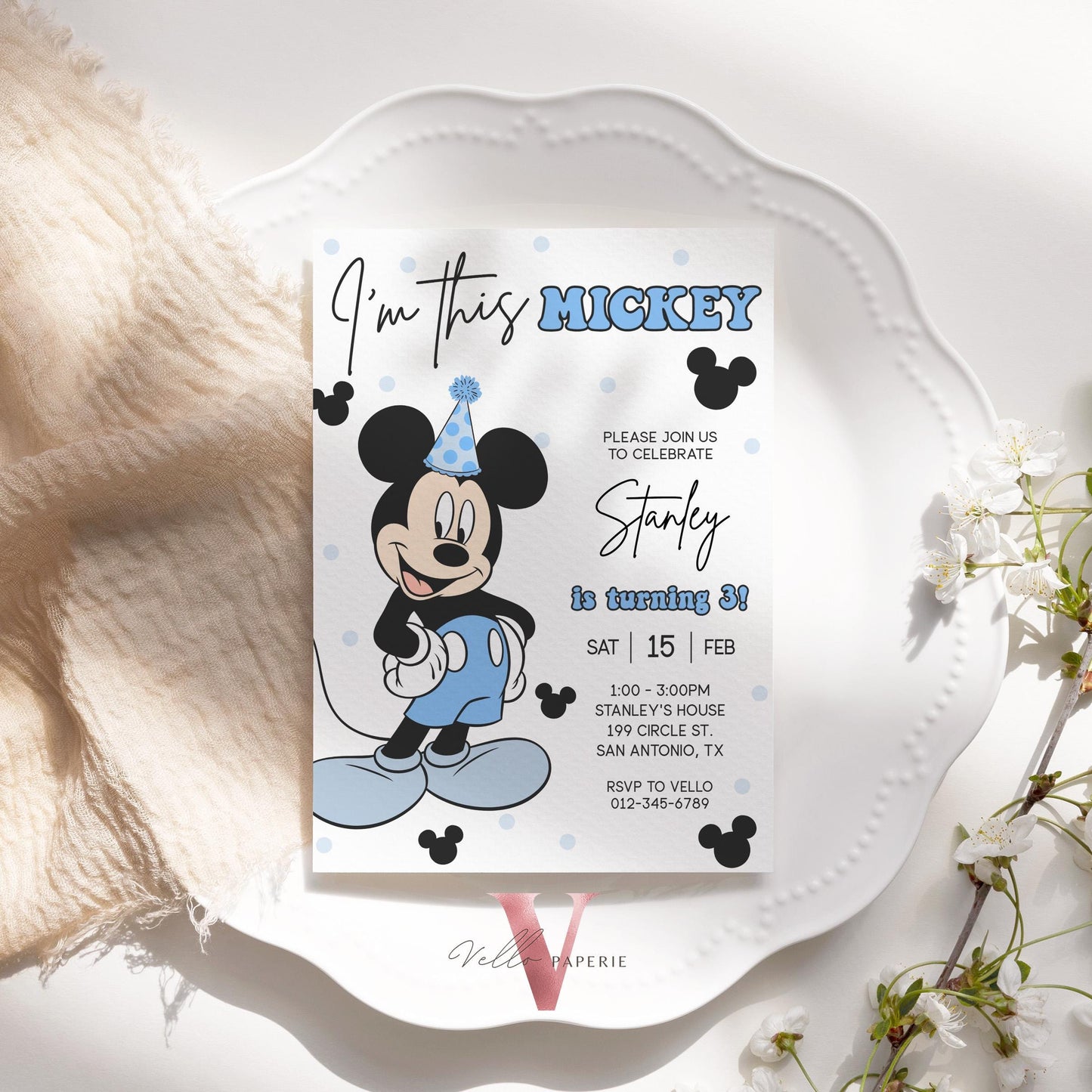 Modern ANY AGE I'm This Mickey Mouse Birthday Invitation | White Black Blue Minimalist Mickey Birthday Party Invite | Mickey Birthday
