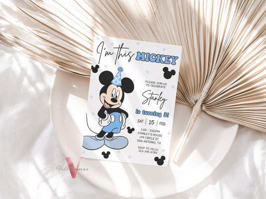 Modern ANY AGE I'm This Mickey Mouse Birthday Invitation | White Black Blue Minimalist Mickey Birthday Party Invite | Mickey Birthday