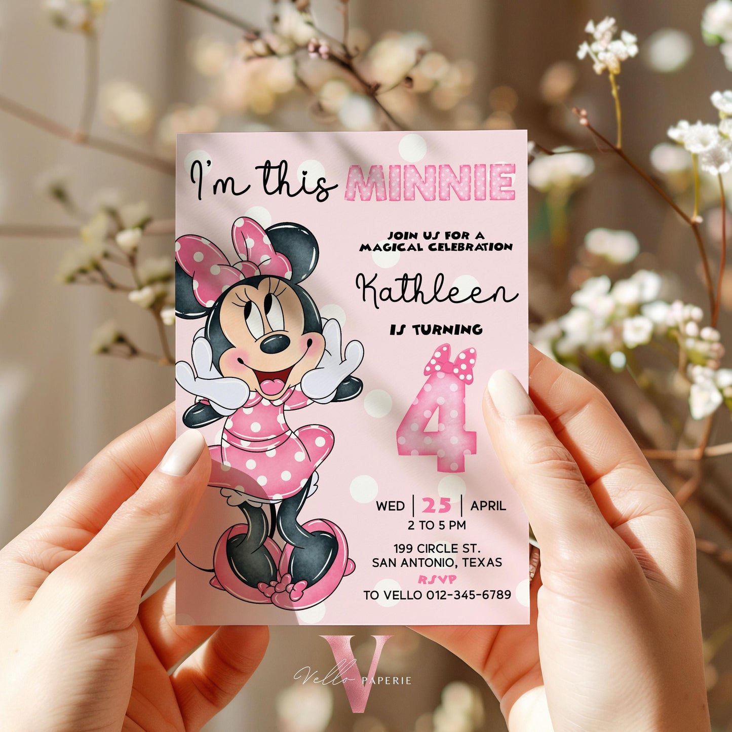 Im this Minnie 4th Mouse Birthday Invitation | Light Pink Polkadot Invite 4 years old Girl | Minnie Fourth Birthday Instant Download MMB05