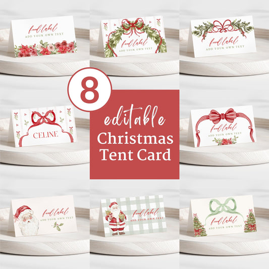 Editable 8 designs Grandmillenial Christmas Place Card, Food Label | Holiday Party Name, Seating Card | Watercolor Christmas Tent Card GMC12