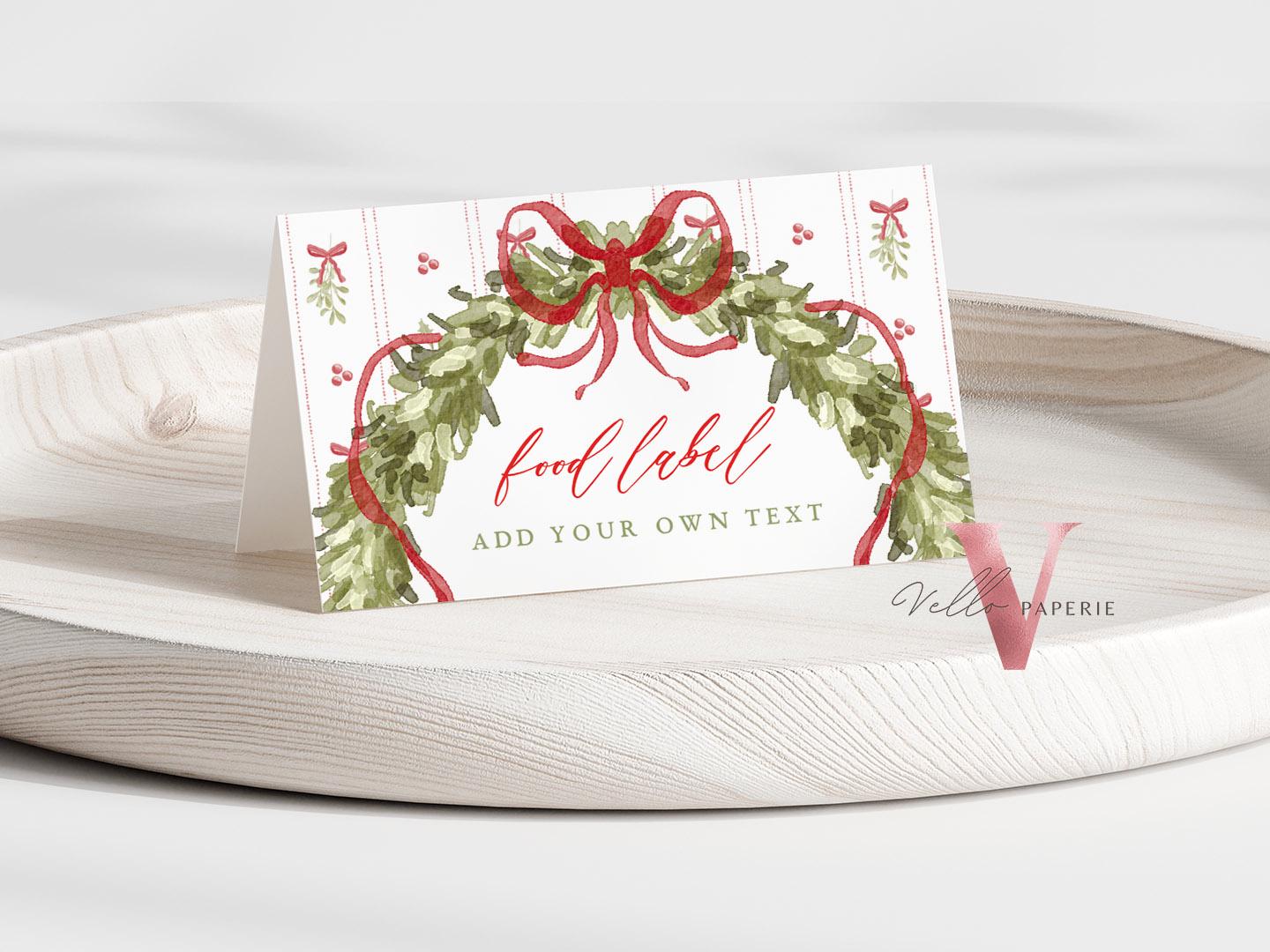 Editable 8 designs Grandmillenial Christmas Place Card, Food Label | Holiday Party Name, Seating Card | Watercolor Christmas Tent Card GMC12