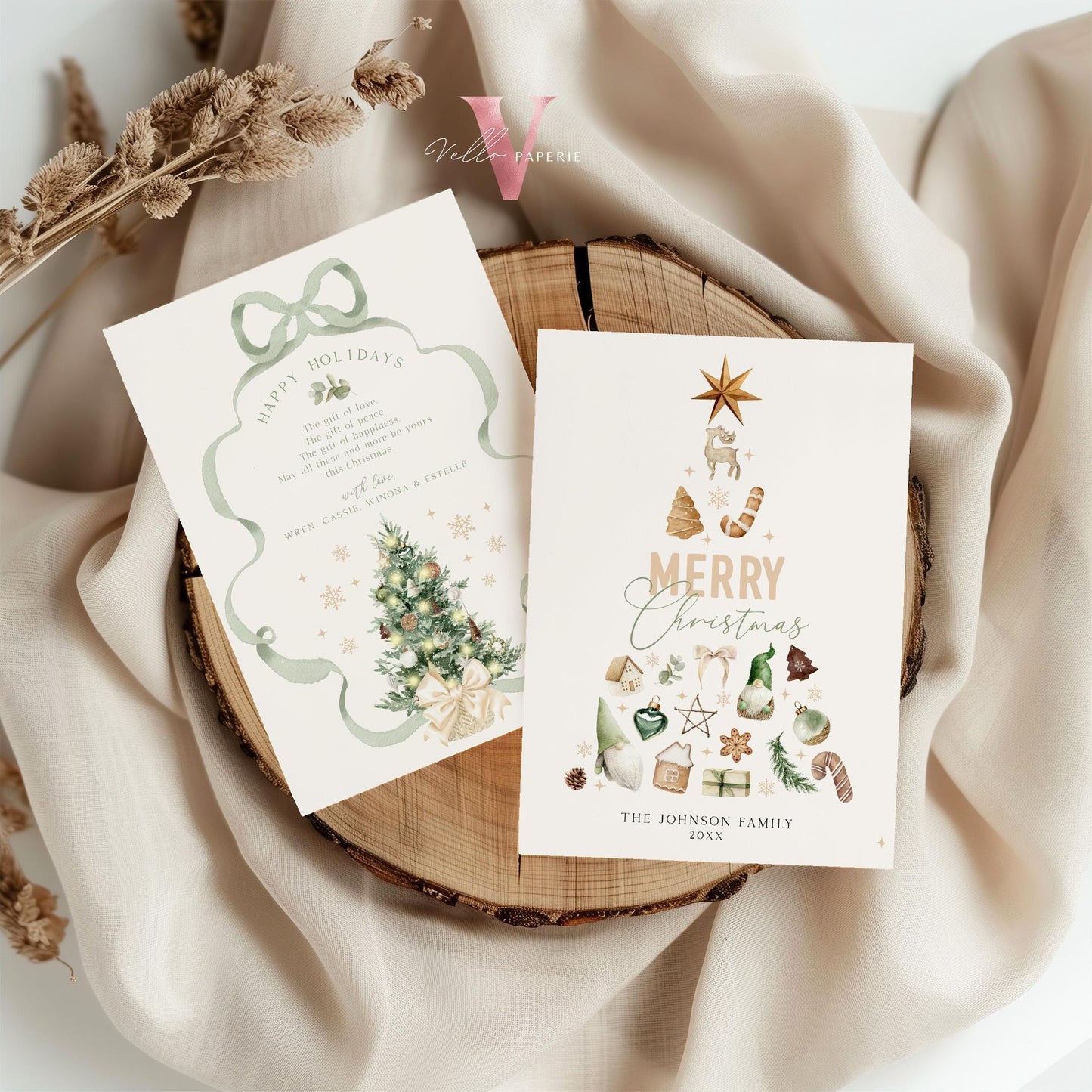 Editable Printable Modern Christmas Tree Greetings Card | DIY Merry Christmas Card Template | Neutral Boho Holiday Card  BCPF1