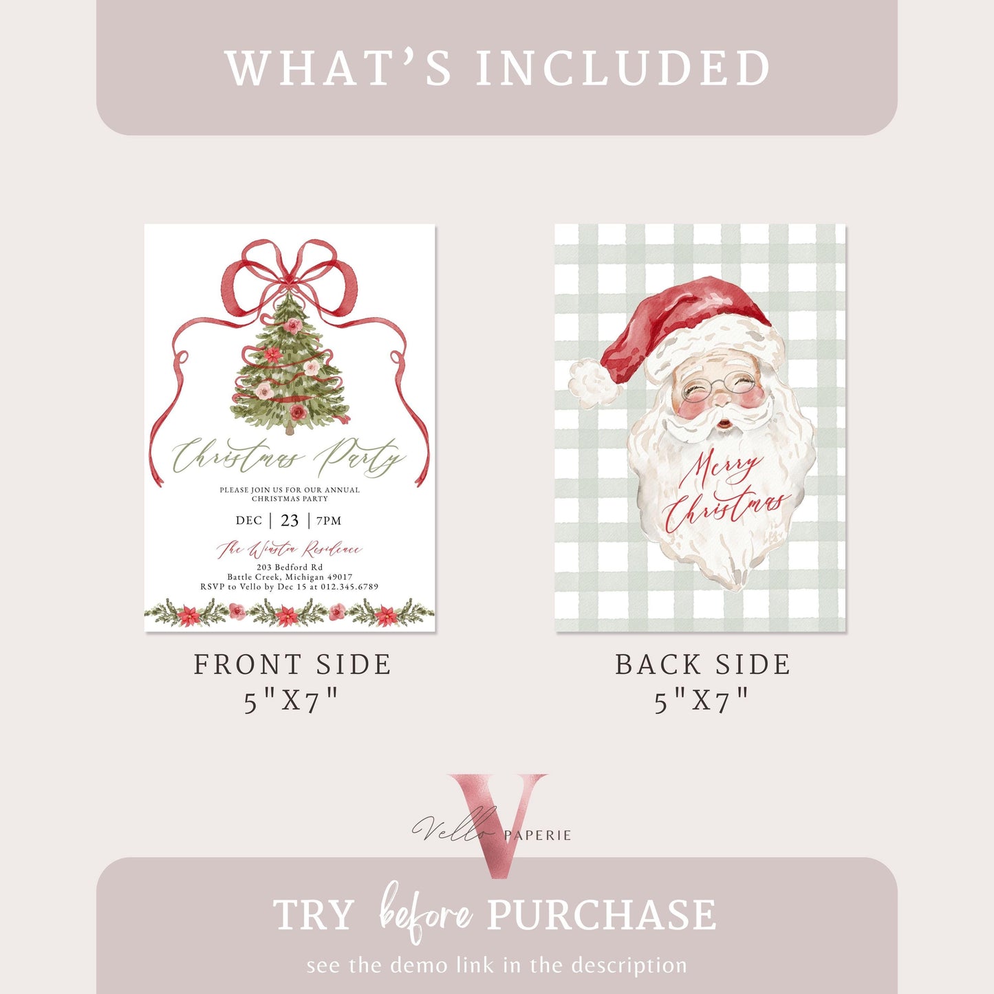 Editable Grandmillenial Christmas Party Invitation | Christmas Tree Open House Invite | Red Bow, Watercolor Santa, Friendsmas Party GMC12